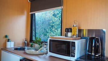 Frigorífico, microondas, placa de cocina y cafetera o tetera