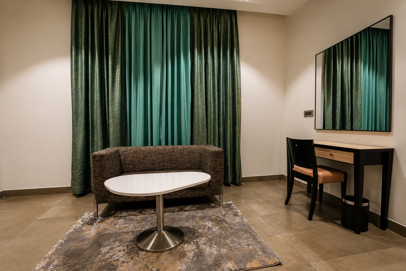 A room with a sofa, a small round table, a desk with a chair, and a large mirror on the wall.