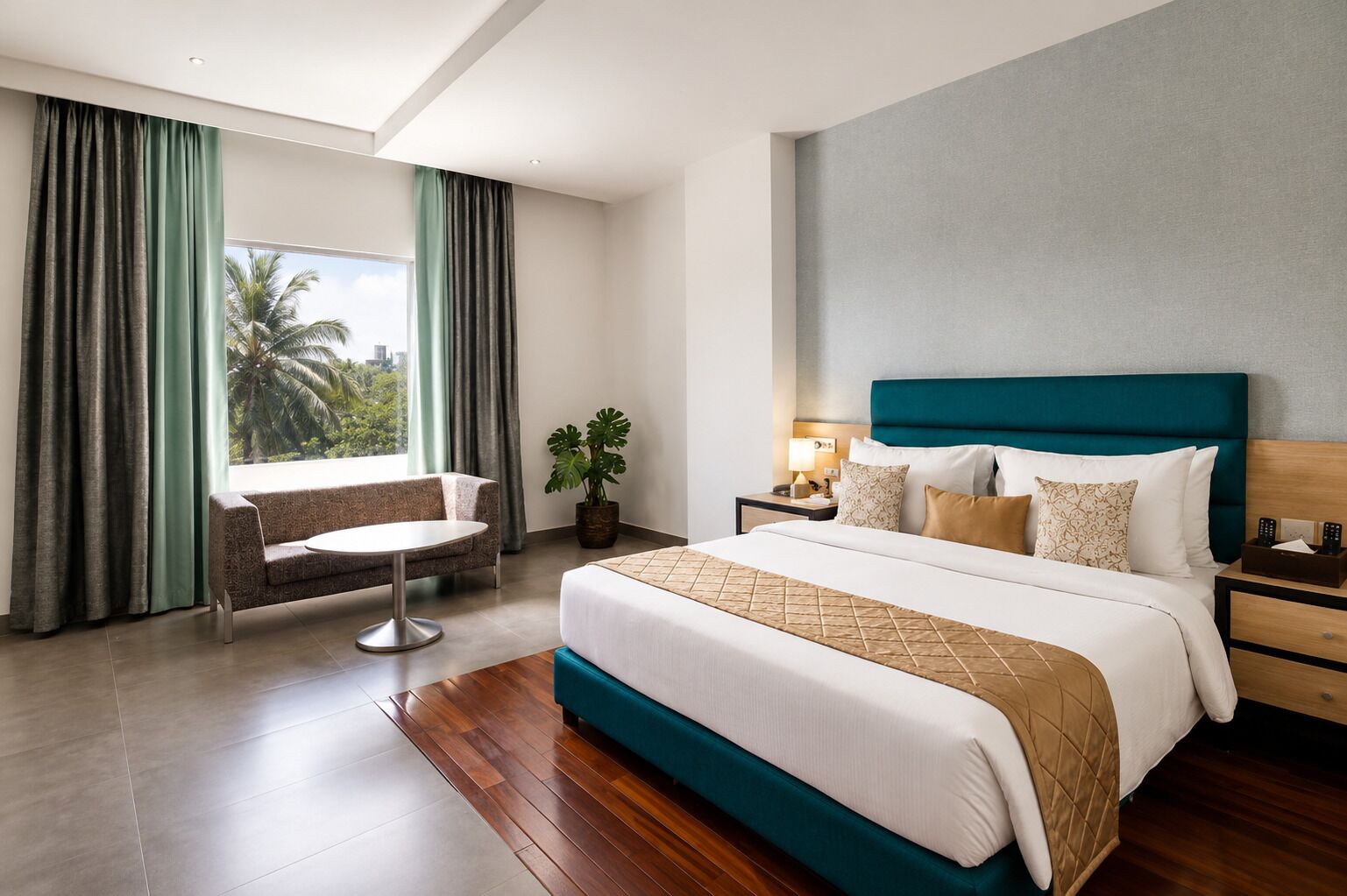 Habitación de hotel con cama, escritorio, silla y ventana con cortinas.