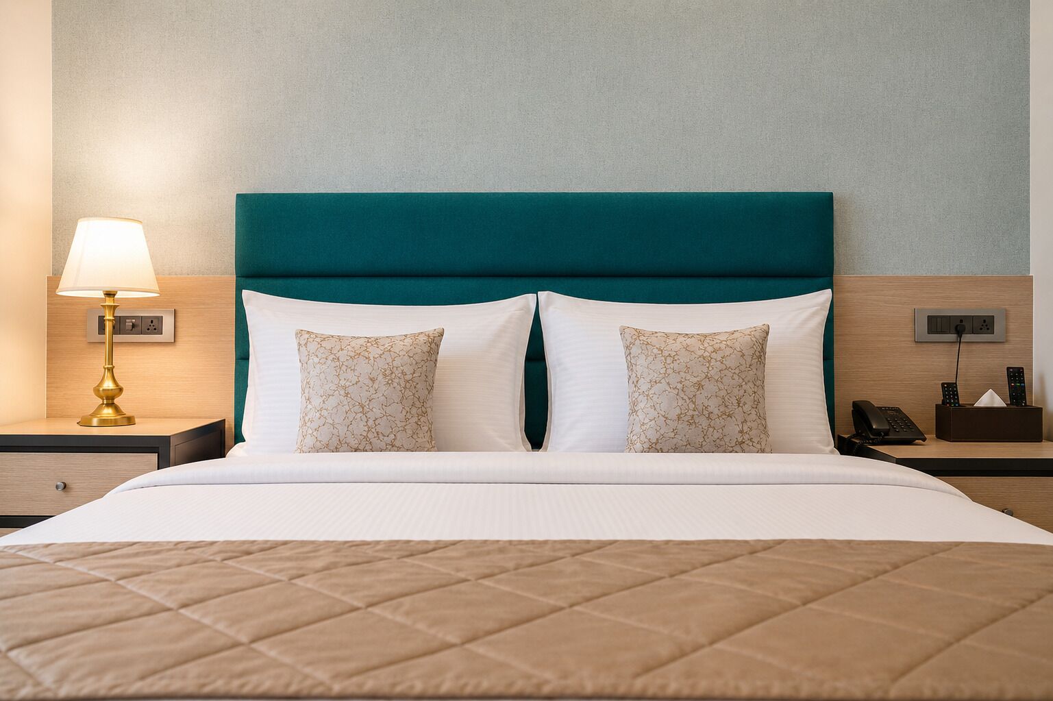 A hotel room with a teal headboard, two patterned pillows, a white bedspread, a bedside lamp, a nightstand with a phone and remote controls, and a power outlet.