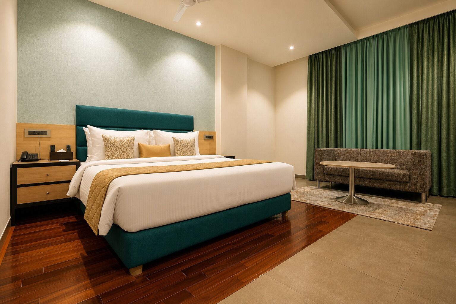 A hotel room with a bed, a nightstand, a chair, and a desk.
