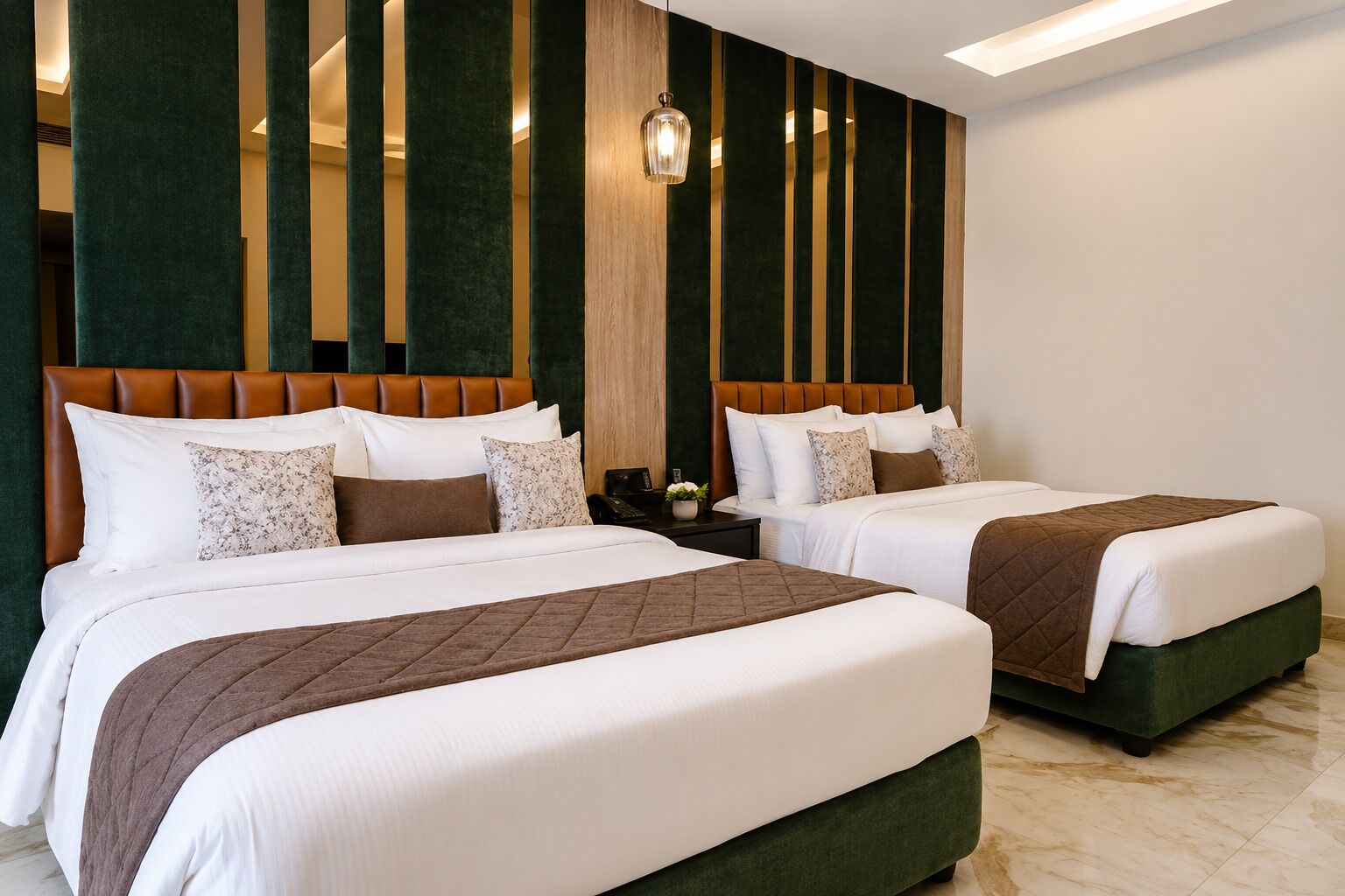 A hotel room with two beds, a nightstand, a lamp, and a decorative wall panel.