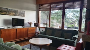 Olohuoneessa on vihreä sohva, pyöreä sohvapöytä, televisio puisen lipaston päällä ja suuri ikkuna, jossa on sälekaihtimet.