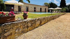 Un edificio in pietra con piscina, area salotto all'aperto e piante in vaso.