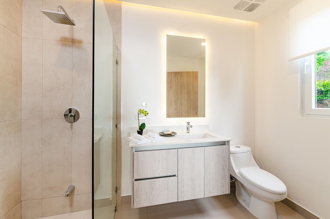 A modern bathroom with a glass shower enclosure, a wooden vanity, a white toilet, and a mirror above the sink.