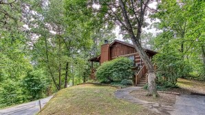 Un chalet rustique aux murs en bois, entouré d’une végétation luxuriante et d’arbres.