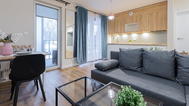 Een moderne woonkamer met een grijze bank, een zwarte stoel en een glazen salontafel.
