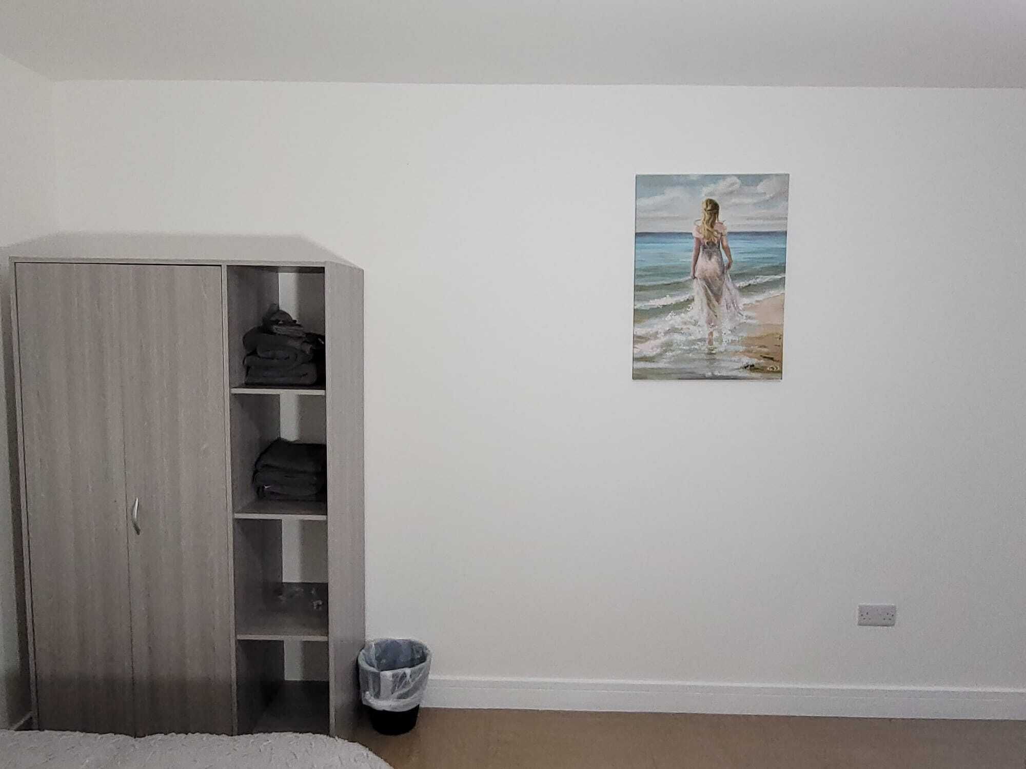 A bedroom with a wardrobe, a painting of a woman at the beach, and a trash bin.