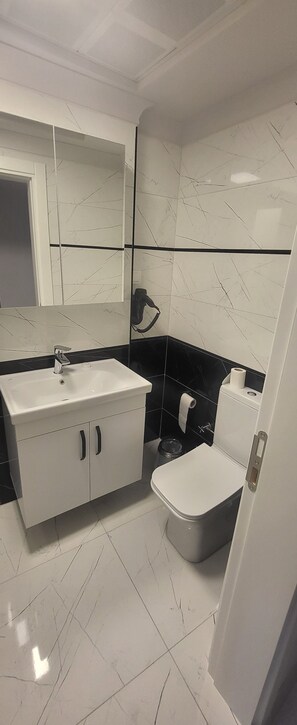 Shower, hair dryer, towels