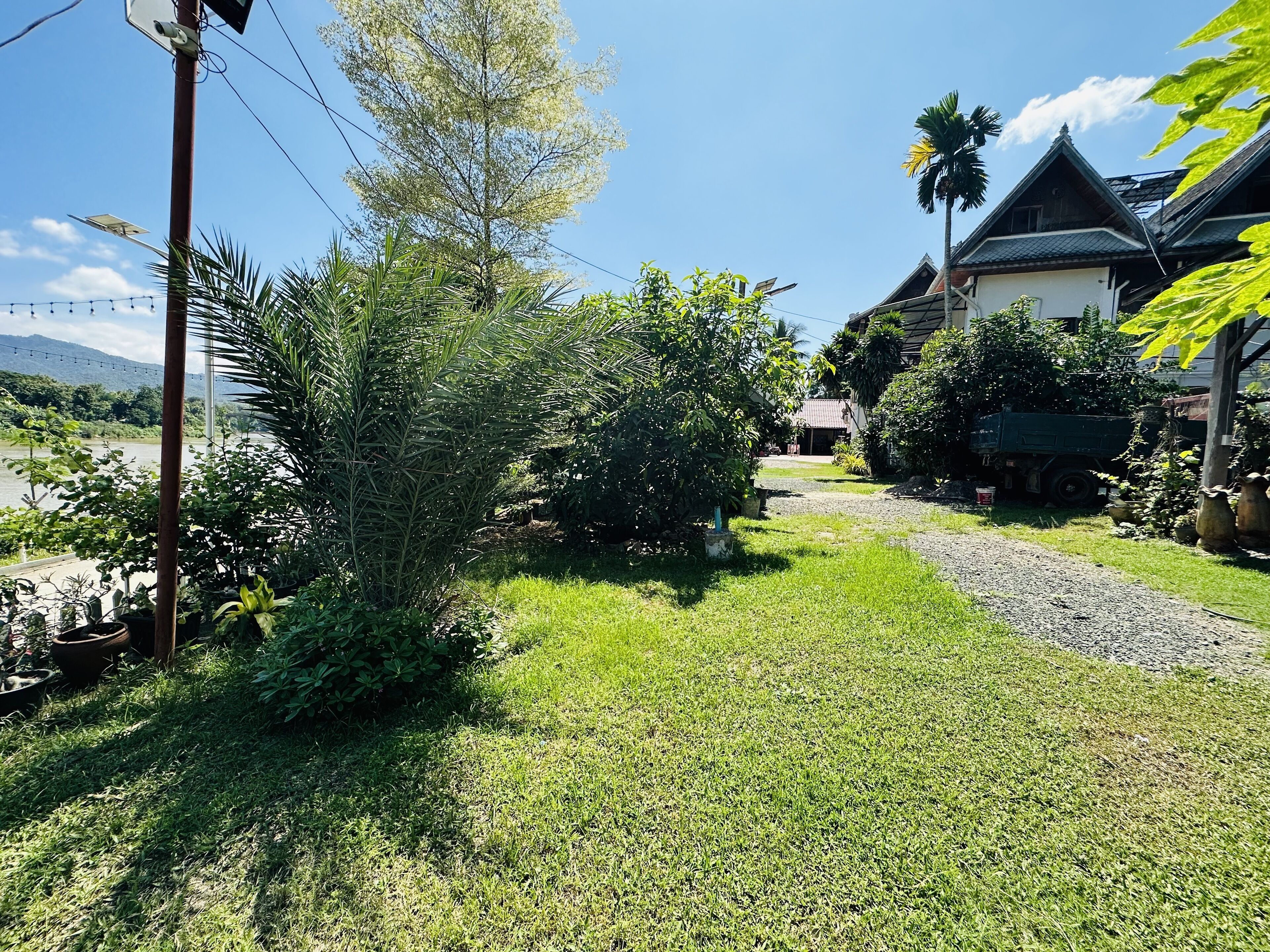 A garden pathway leading to a traditional house with a tiled roof, surrounded by lush greenery and a clear sky.