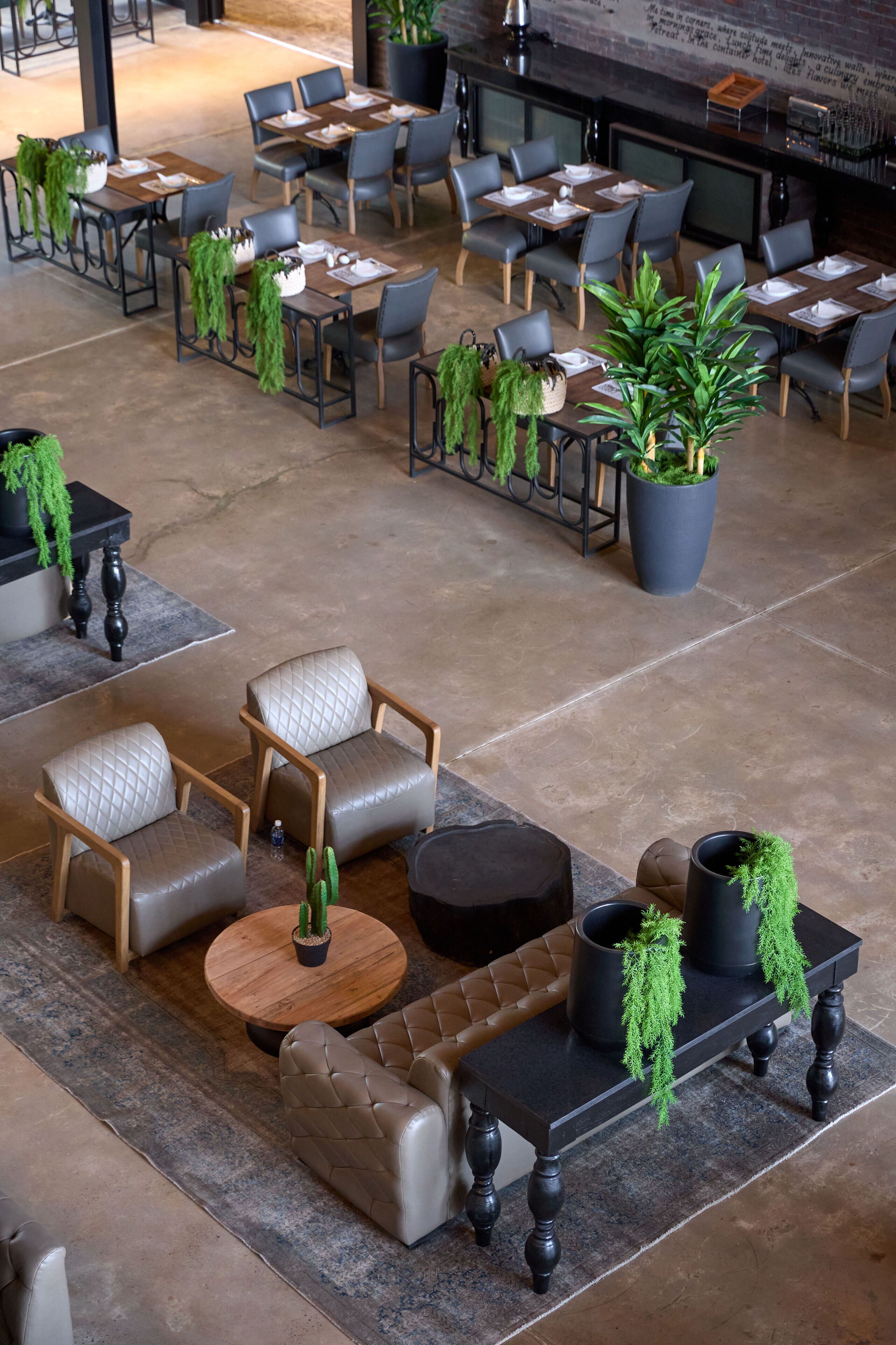 Un vaste espace extérieur aménagé avec de nombreuses tables et chaises, entouré de plantes en pot.