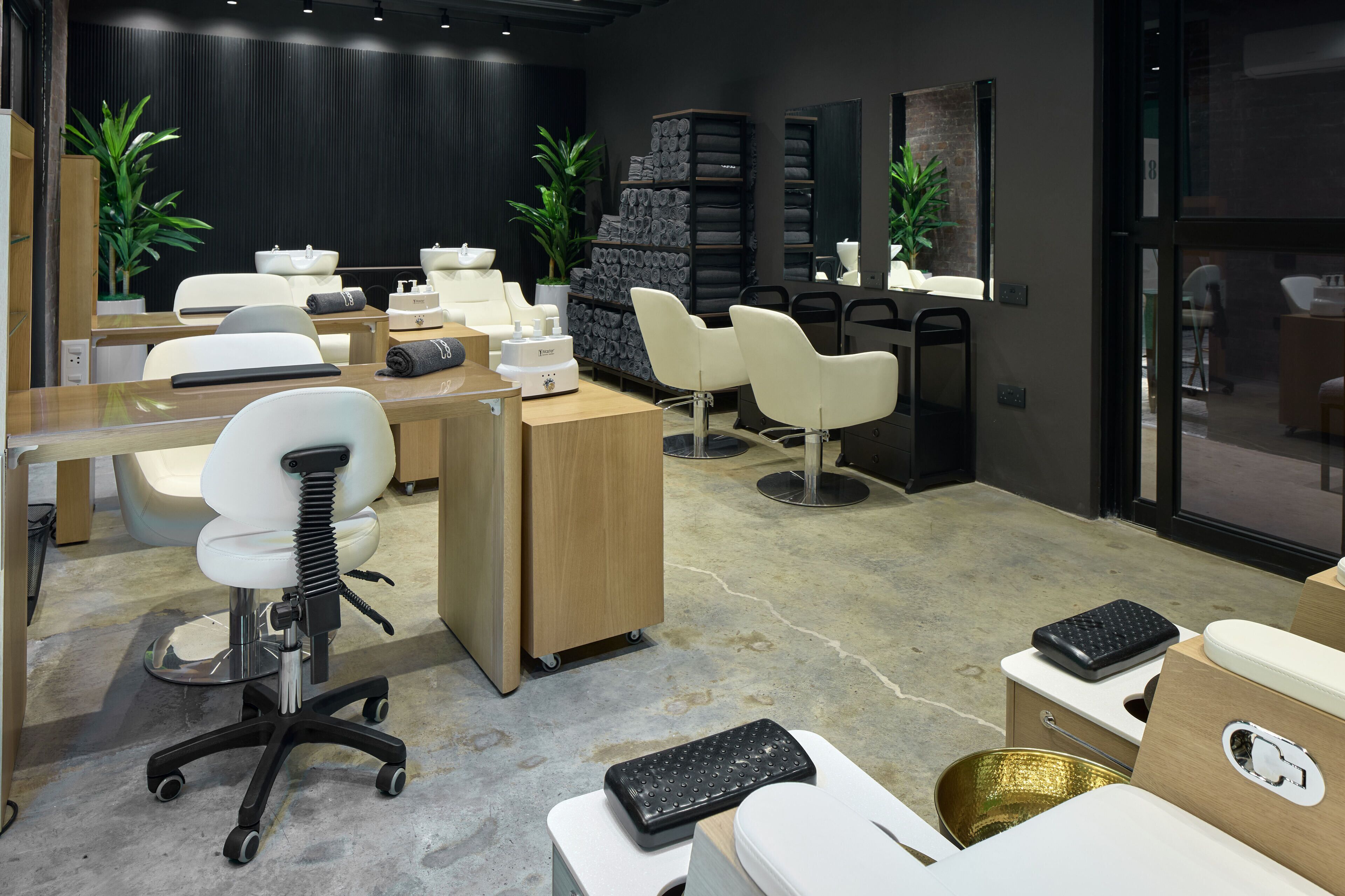 A modern office space with multiple desks, chairs, and a large plant.