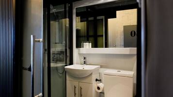 Ein kleines Badezimmer mit Duschkabine aus Glas, einem weißen Waschbecken und einer Toilette.