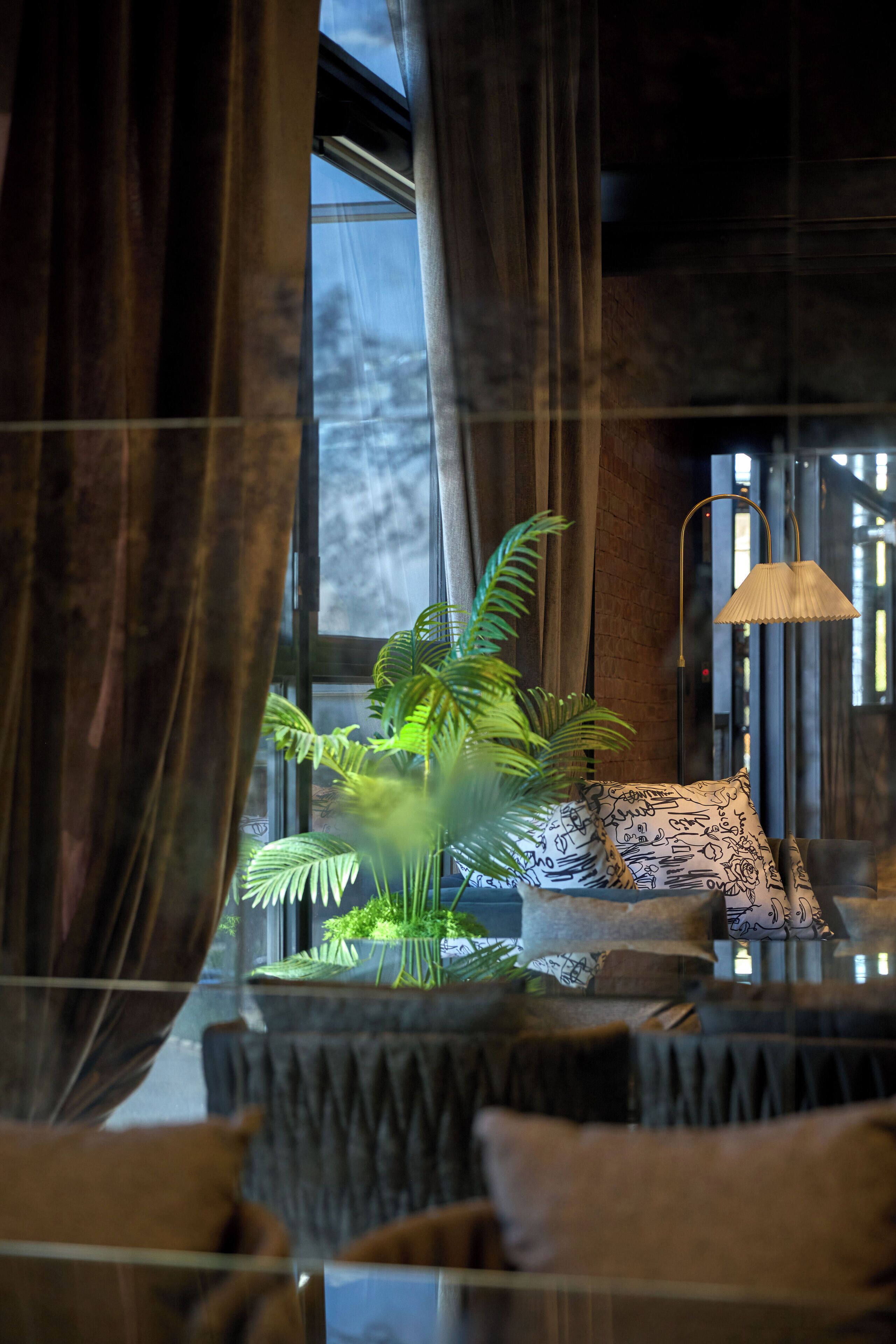 Un intérieur moderne avec une table en verre, une plante en pot et une lampe.