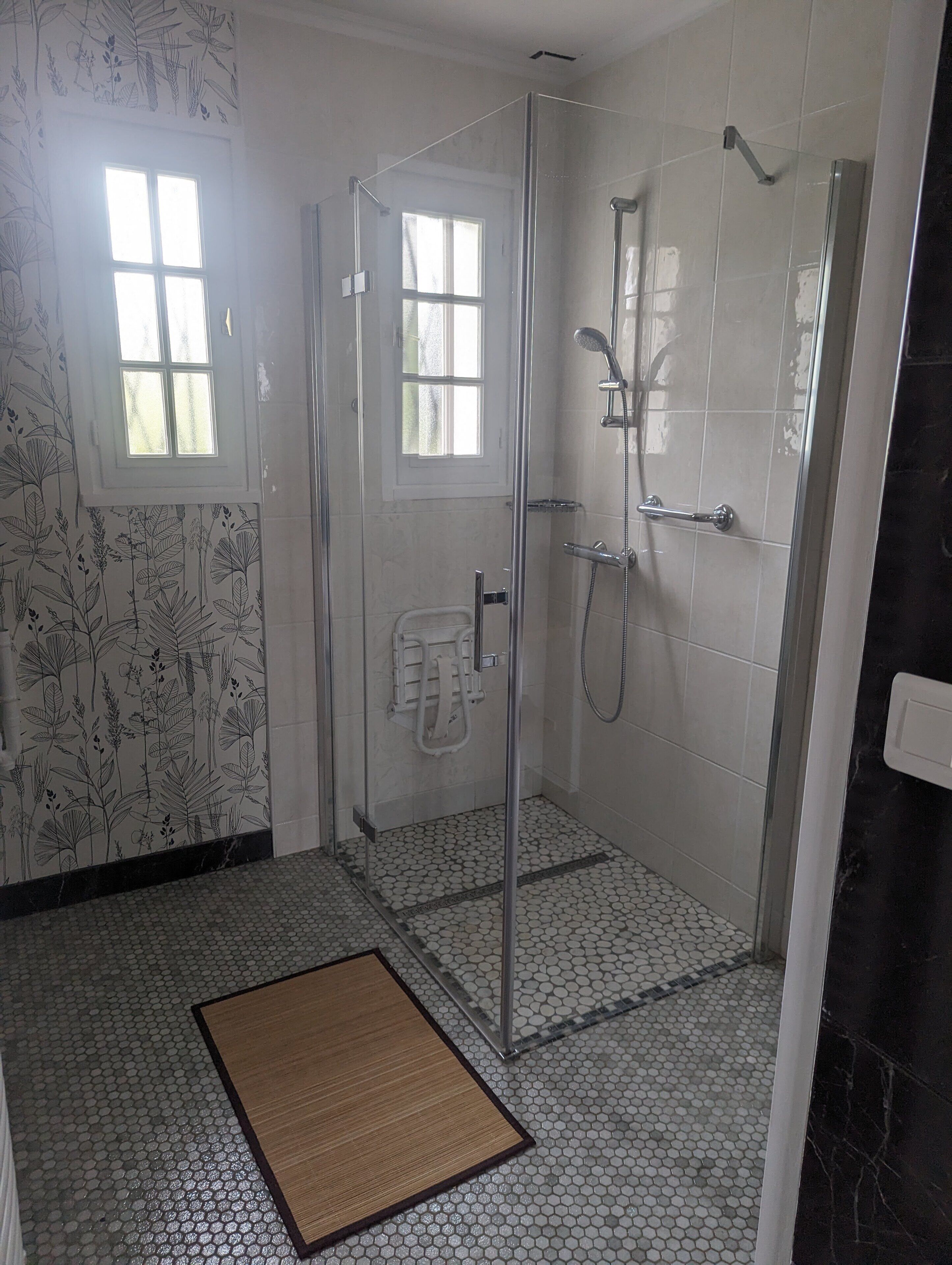 A bathroom with a glass-enclosed shower, a toilet with a towel rack, and a window with a floral pattern on the wall.