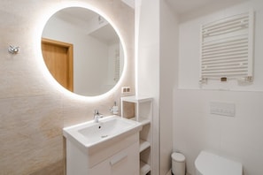 Chuveiro, secador de cabelo, shampoo 