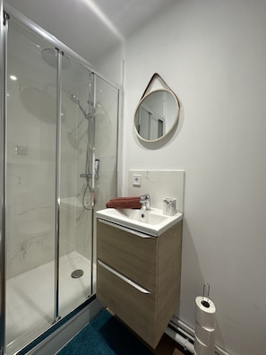 Hair dryer, towels, toilet paper