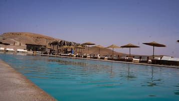 Outdoor pool, pool umbrellas, pool loungers