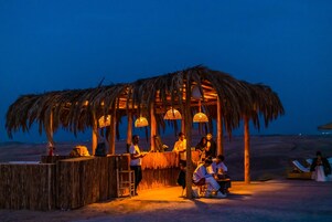 A thatched-roof outdoor seating area with a bar, surrounded by palm trees, under a night sky.