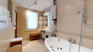 Shower, hair dryer, shampoo