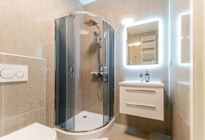 Shower, hair dryer, towels