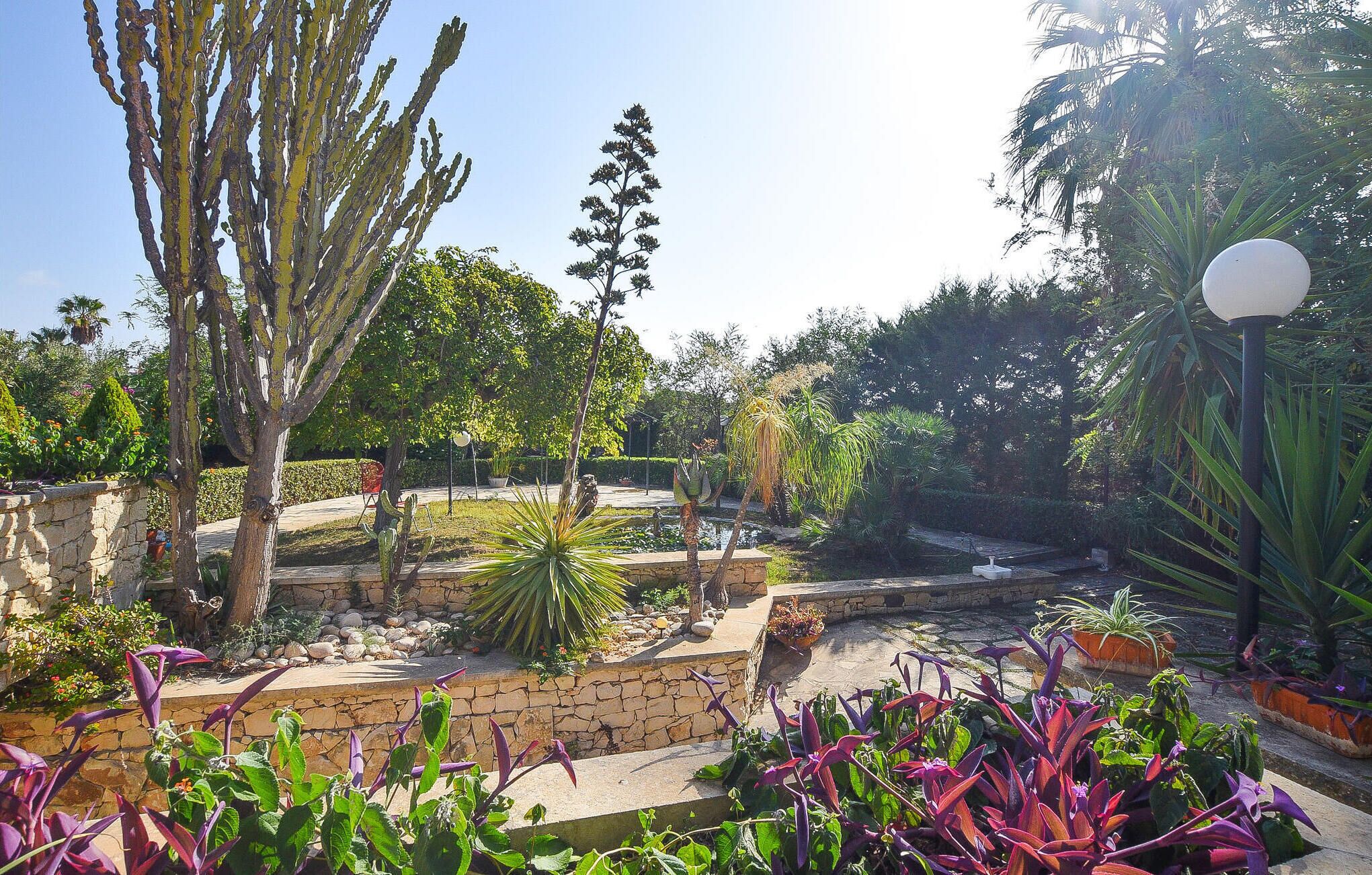 Un jardí amb diverses plantes, un camí de pedra i un fanal.