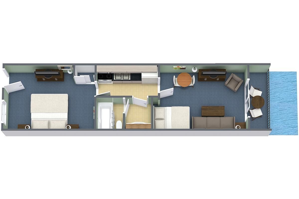 A floor plan of a hotel room with a bed, a bathroom, a kitchenette, and a seating area by the window.