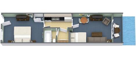 A floor plan of a hotel room with a bed, a bathroom, a kitchenette, and a seating area by the window.