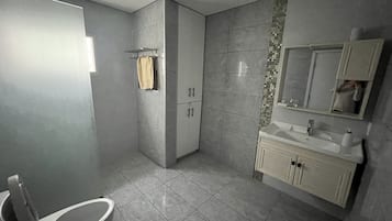 Hair dryer, towels, soap, toilet paper
