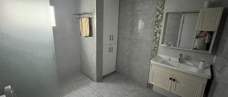 Hair dryer, towels, soap, toilet paper