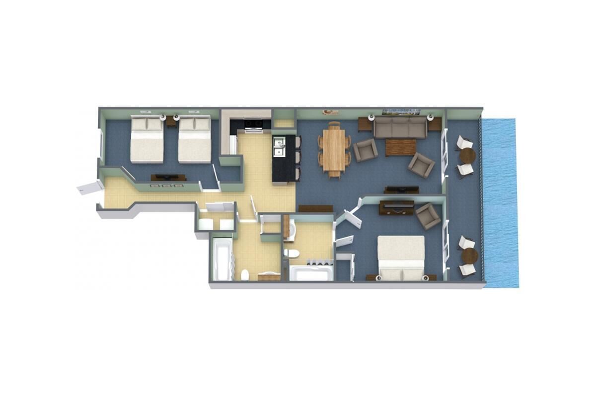 A floor plan of a hotel room with a balcony, a sitting area with a table and chairs, a kitchenette, a bathroom, and a bedroom with two beds.