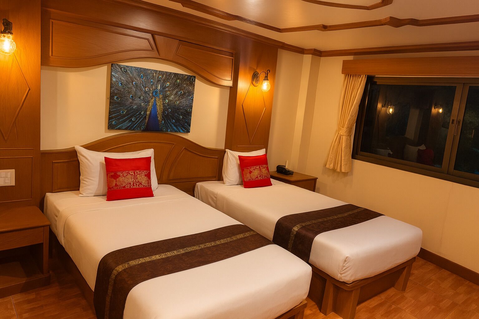 A hotel room with two beds, wooden headboards, a peacock painting, and a window with curtains.