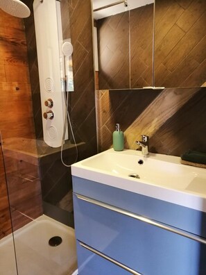 Douche, baignoire à jets, sèche-cheveux, serviettes fournies