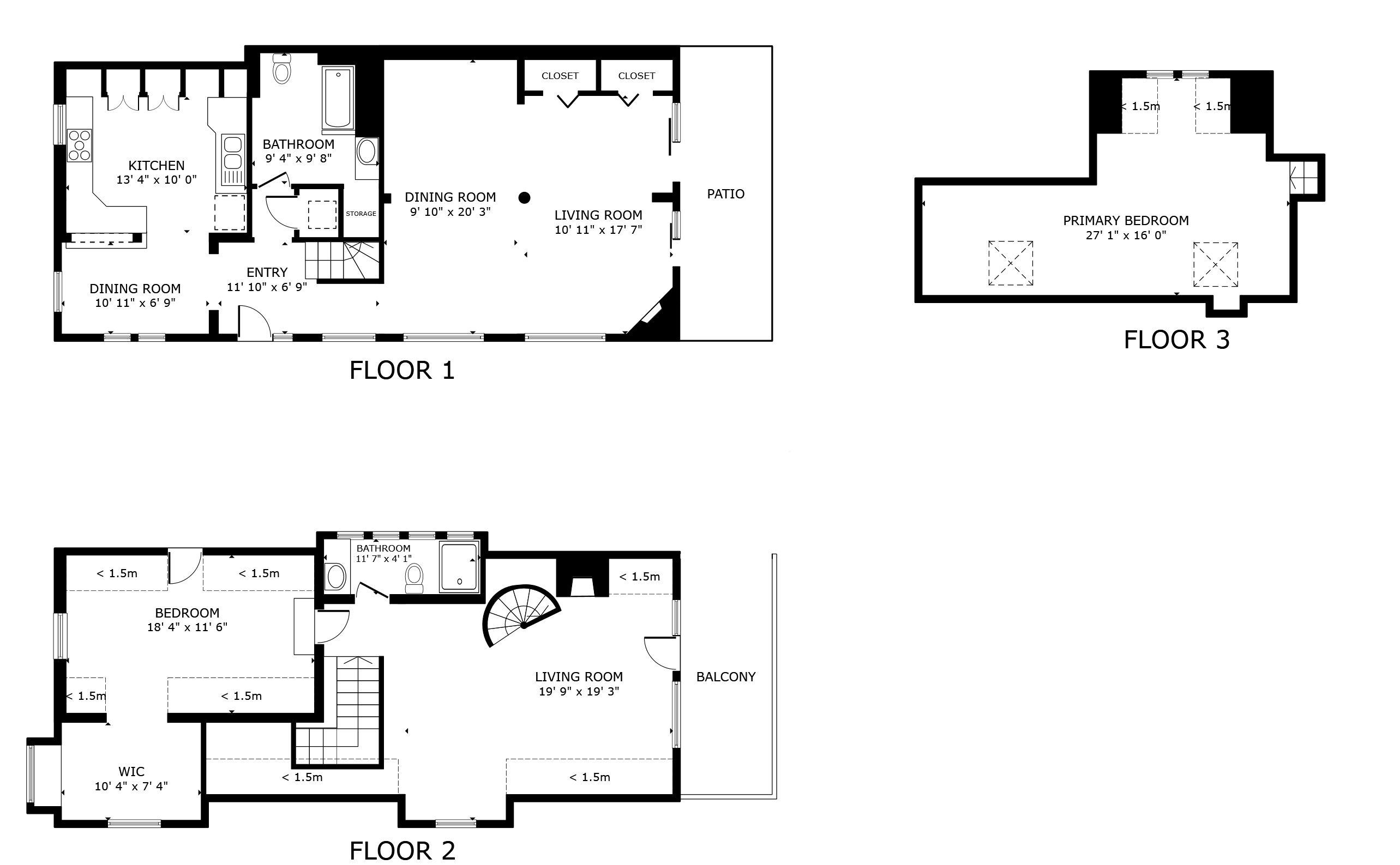A three-floor apartment layout with a kitchen, dining room, living room, bathroom, and balcony.