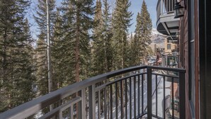 Ein Balkon mit Metallgeländer mit Blick auf eine verschneite Berglandschaft und dichte Nadelbäume.