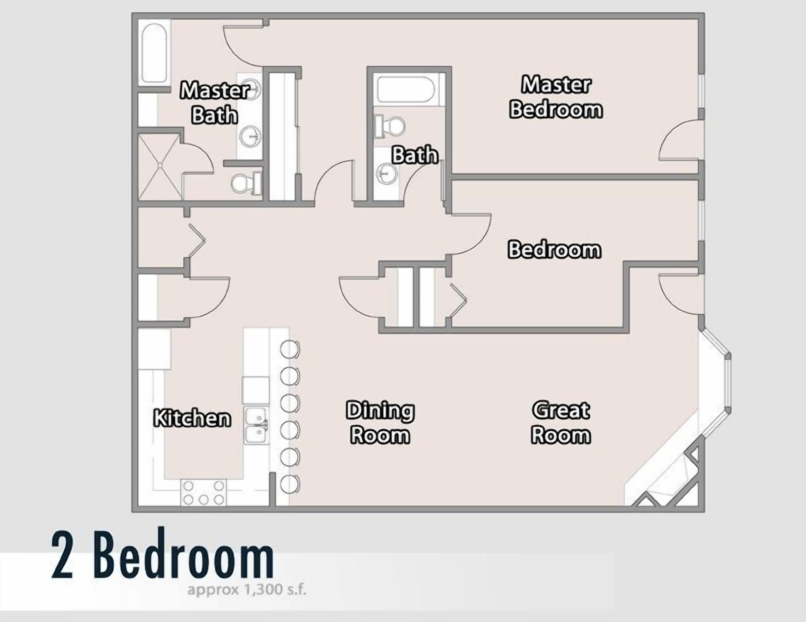 A 2-bedroom apartment layout with a master bedroom, master bathroom, kitchen, dining room, and a great room.