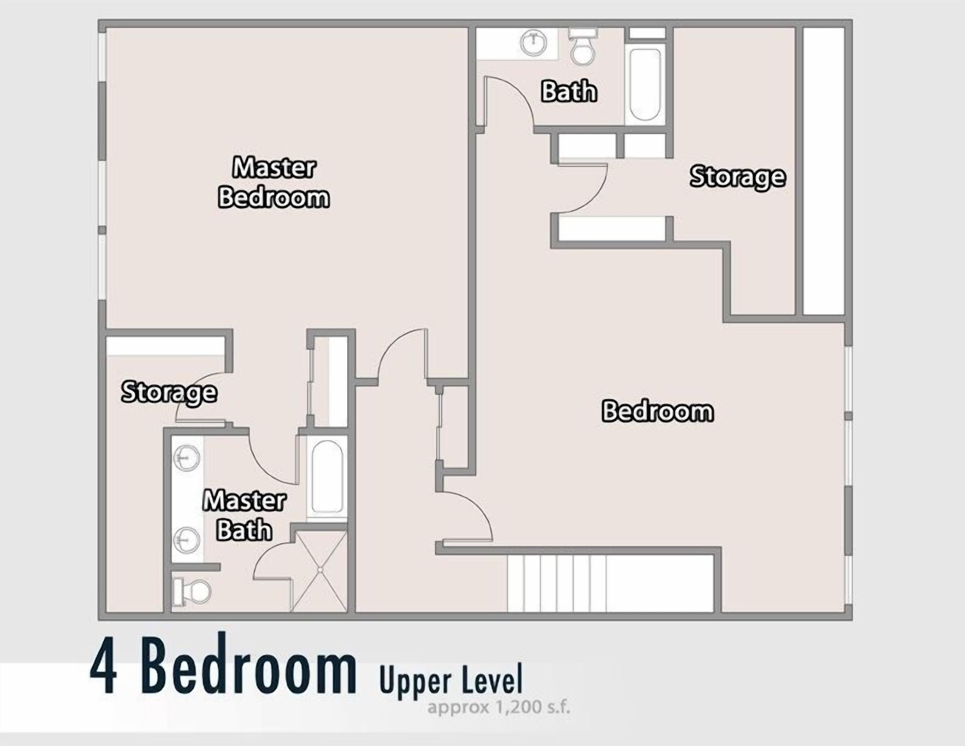 A 4-bedroom apartment layout with a master bedroom, two standard bedrooms, a bathroom, and storage areas.