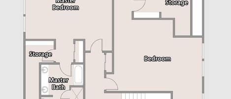 A 4-bedroom apartment layout with a master bedroom, two standard bedrooms, a bathroom, and storage areas.
