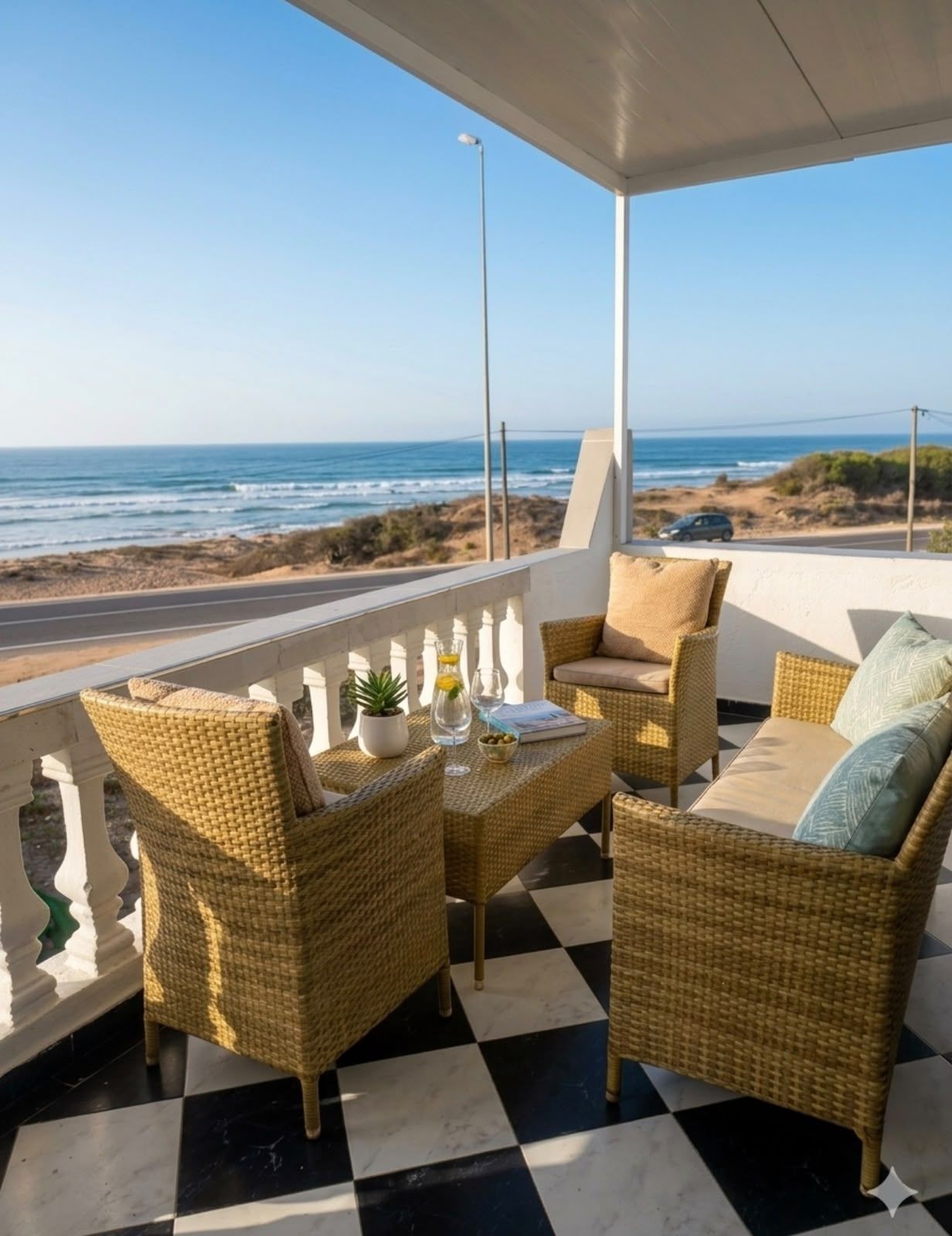 A balcony with wicker furniture, a checkered floor, and a view of the ocean.