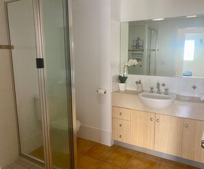 A bathroom with a glass shower enclosure, a white sink, and a mirror above it.