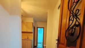 A hallway with wooden flooring, a white rug, and a wooden door with a metal decoration.