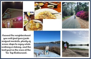 A restaurant with outdoor seating, a view of the water, and a dog sitting on a dock.