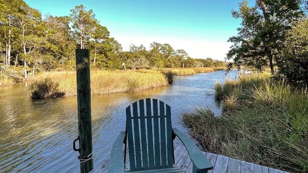 A wooden dock with a green Adirondack chair facing a calm river surrounded by tall grasses and trees. - Peaceful location! Close to everything! Bring the family and dogs! Snowbirds! (Bon Secour)