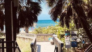 Una scala di legno conduce a una spiaggia con palme e una vista limpida sull'oceano.