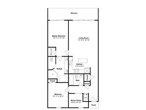 Planta baixa de um quarto de hotel, mostrando a disposição com quarto principal, sala de estar, cozinha, banheiro, armário, quarto de hóspedes, espaço extra e varanda.