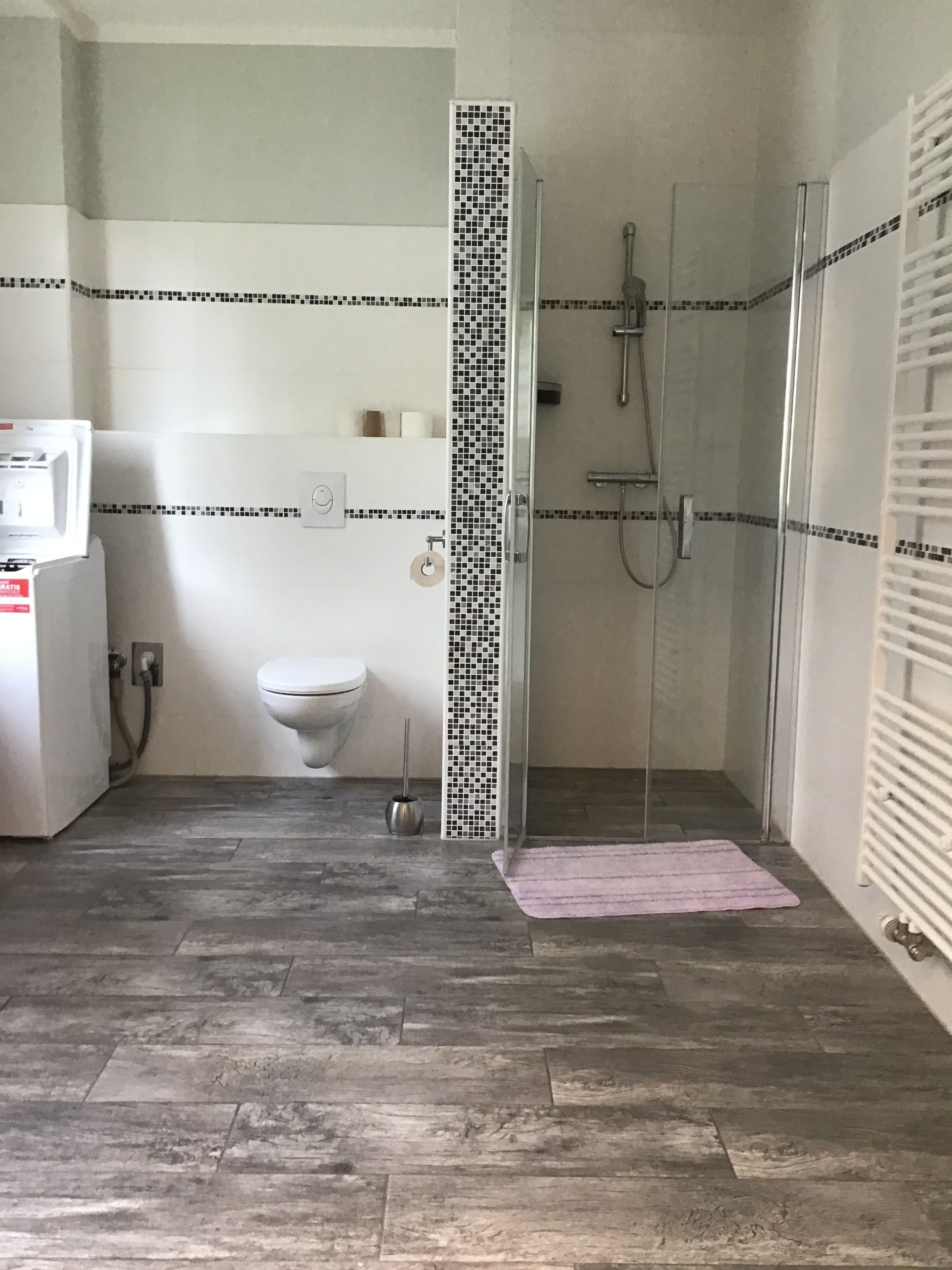 Dusche, Haartrockner, Handtücher, Toilettenpapier