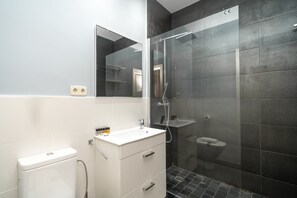 Chuveiro, secador de cabelo, toalhas de banho, sabonete