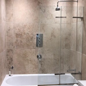 Hair dryer, towels, soap, shampoo