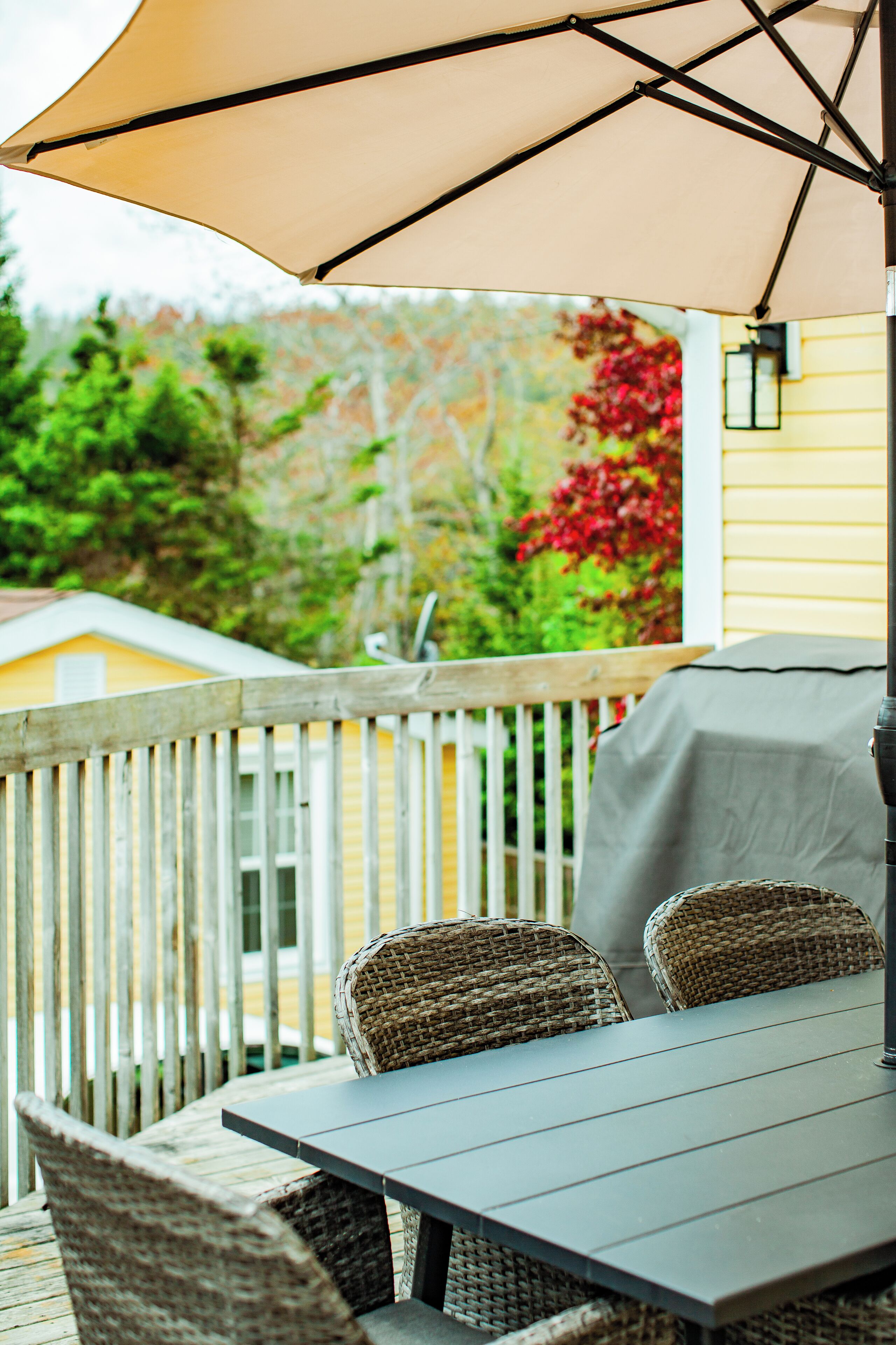 A patio with a table and wicker chairs, a covered grill, and a view of a house and trees.