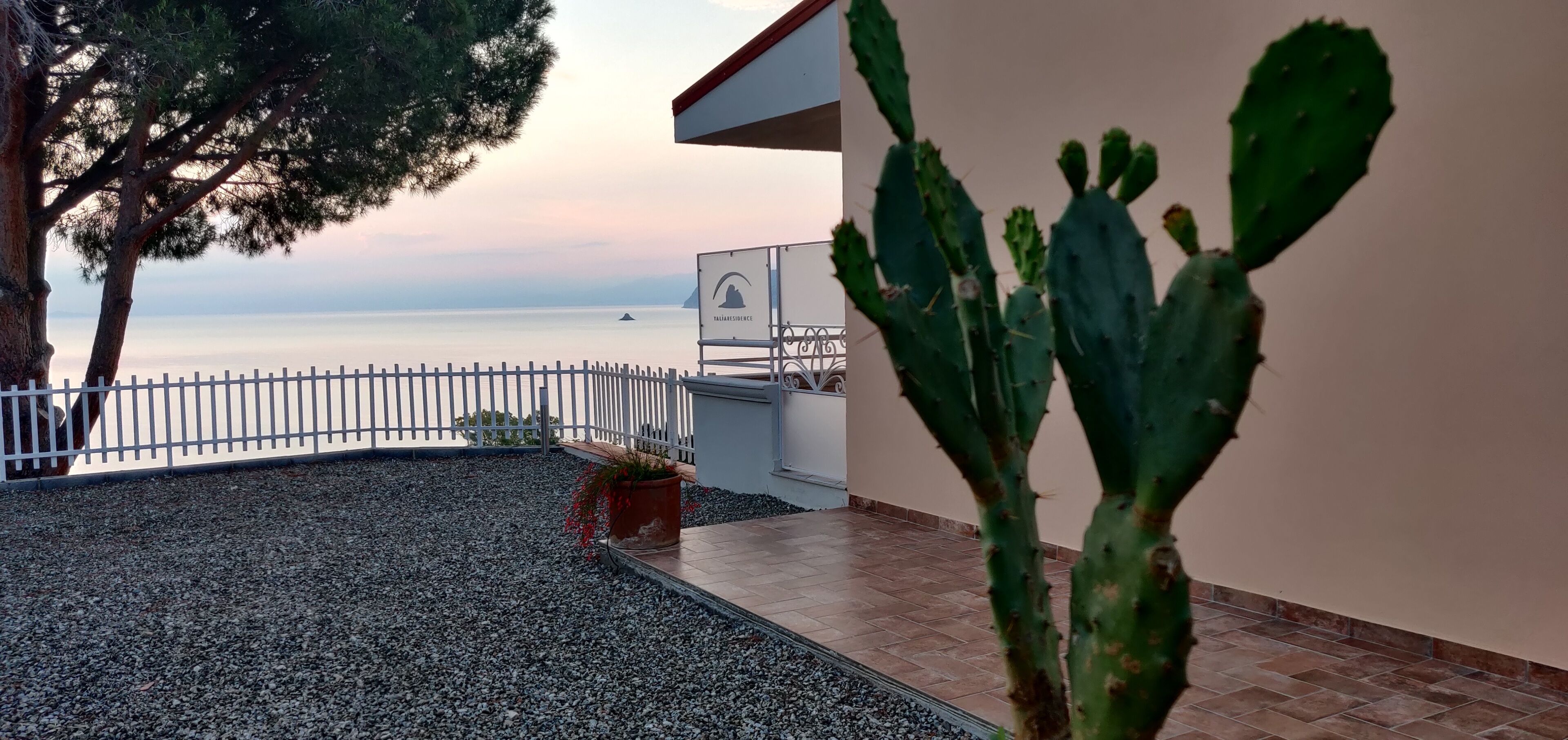 Un patio con un cactus, una cerca blanca y vista al mar.